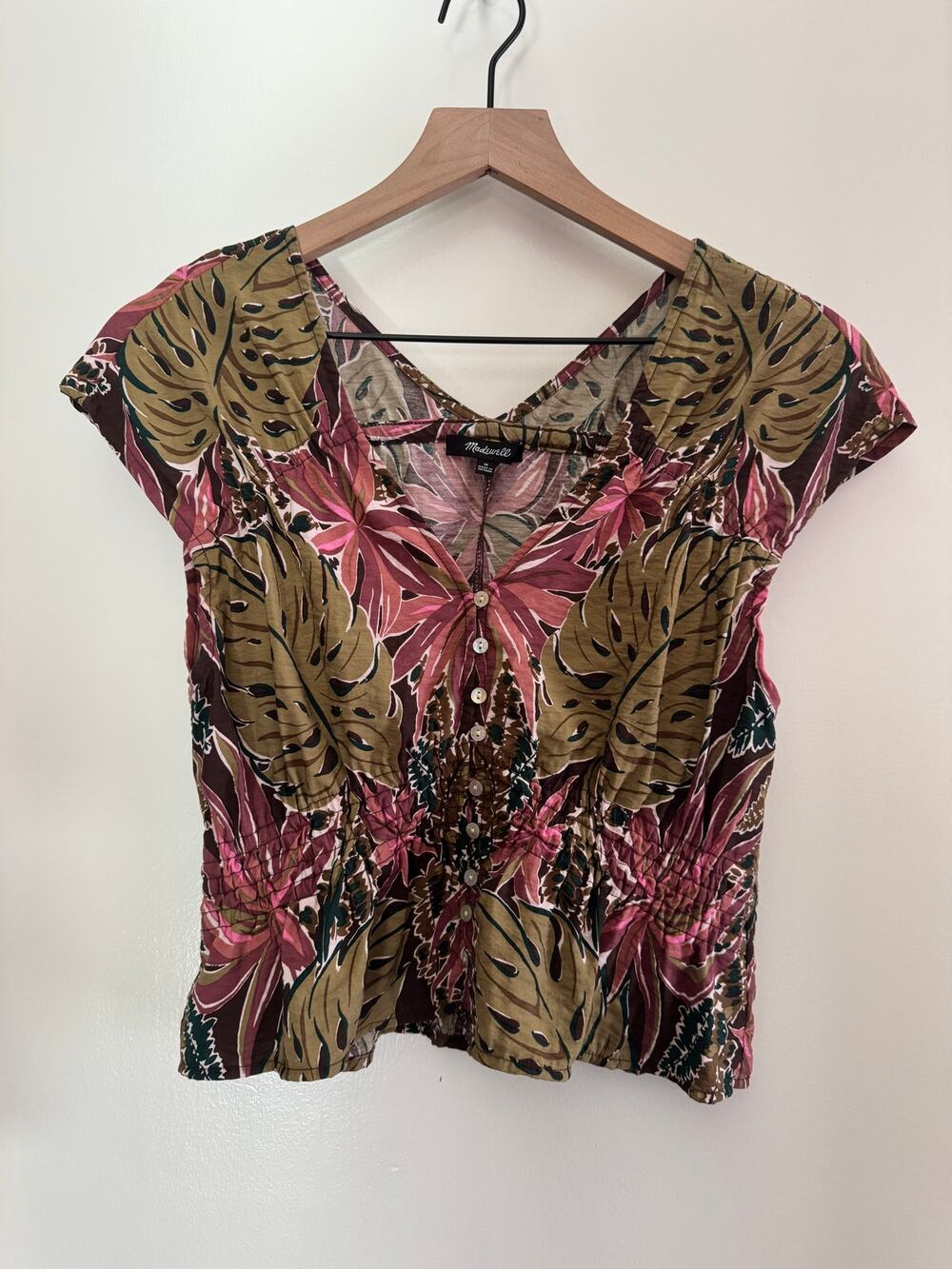 MADEWELL shirred cap-sleeve top in sweet monstera print - M
